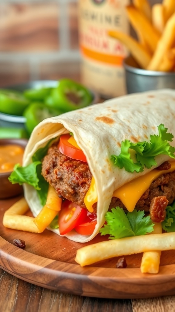 Homemade Tortilla Burgers A tortilla burger with beef patty, lettuce, tomato, and cheese on a wooden plate with fries.